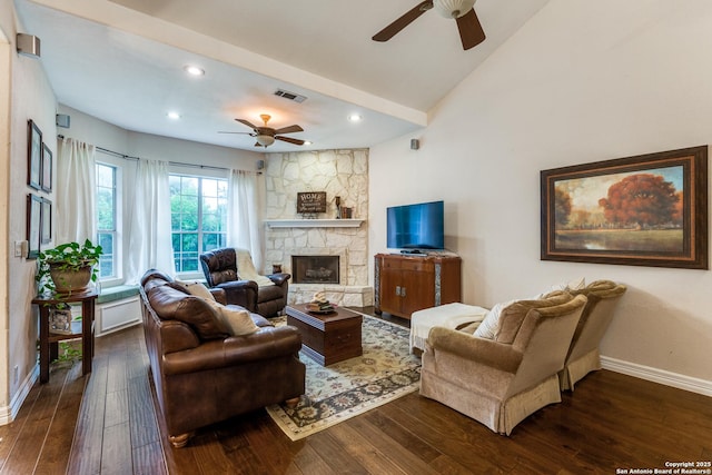 9347 Llano Verde, Helotes, TX 78023 - living room featuring a ceiling fan, dark wood-style floors, baseboards, a fireplace, and recessed lighting