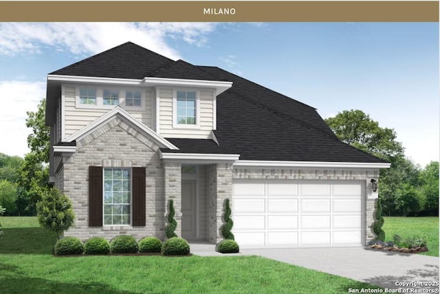 view of front of house featuring concrete driveway, a front yard, stone siding, a garage, and roof with shingles