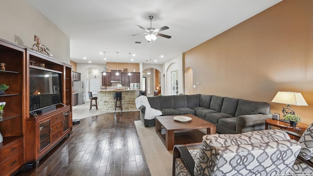 3318 Jasons, Marion, TX 78124 - living room with arched walkways, ceiling fan, dark wood-style floors, and recessed lighting