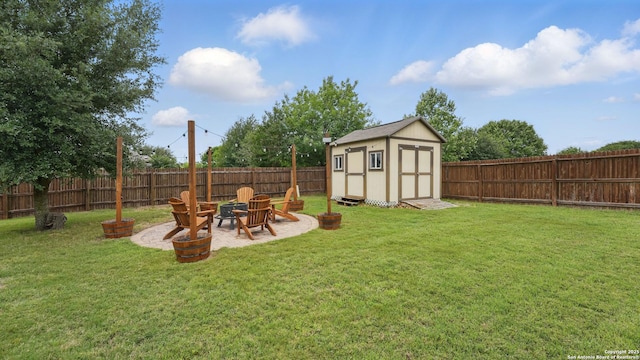 3318 Jasons, Marion, TX 78124 - view of yard featuring a fire pit, a storage unit, an outdoor structure, and a patio area