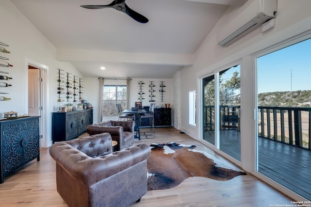 5A Rolling Acres Rd, Boerne, TX 78006 - living area featuring a wall mounted AC, a ceiling fan, light wood-style floors, lofted ceiling, and recessed lighting
