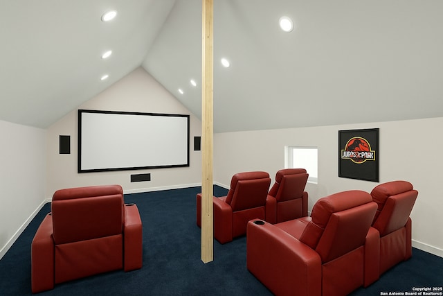cinema featuring recessed lighting, vaulted ceiling, baseboards, and carpet