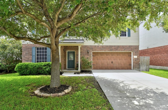 141 Glen Eagles, Cibolo, TX 78108 - view of front of house featuring concrete driveway, a front lawn, an attached garage, and brick siding