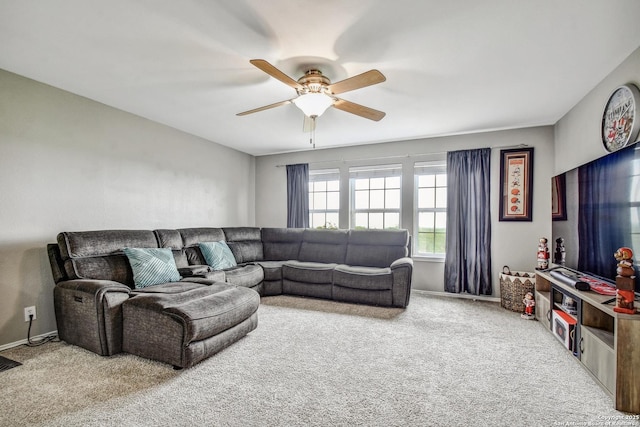 141 Glen Eagles, Cibolo, TX 78108 - living room featuring carpet, ceiling fan, and baseboards