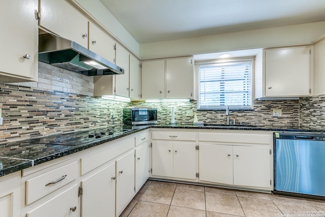 111 Cotillion, Castle Hills, TX 78213 - kitchen featuring dishwasher, under cabinet range hood, a sink, black electric stovetop, and stainless steel microwave