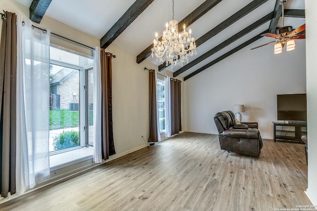 111 Cotillion, Castle Hills, TX 78213 - living area with plenty of natural light, a chandelier, beamed ceiling, wood finished floors, and high vaulted ceiling