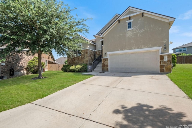 12602 Fiesta, San Antonio, TX 78245 - view of front of property featuring a front yard, stone siding, a garage, and driveway