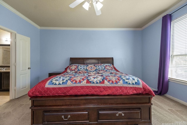 bedroom featuring light colored carpet, crown molding, a ceiling fan, and baseboards