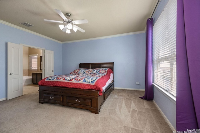 12602 Fiesta, San Antonio, TX 78245 - bedroom with ornamental molding, light carpet, baseboards, ensuite bathroom, and a ceiling fan