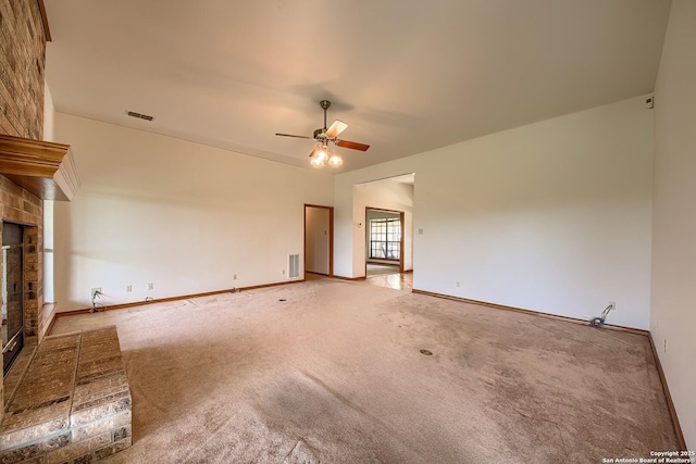 2721 Barton Hl, Bulverde, TX 78163 - unfurnished living room featuring a fireplace, a ceiling fan, carpet, and baseboards
