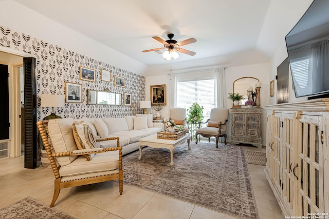 7500 Callaghan Rd Unit 108, San Antonio, TX 78229 - living room featuring a ceiling fan, wallpapered walls, and light tile patterned floors
