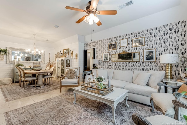 7500 Callaghan Rd Unit 108, San Antonio, TX 78229 - living area with a chandelier, tile patterned flooring, and a ceiling fan