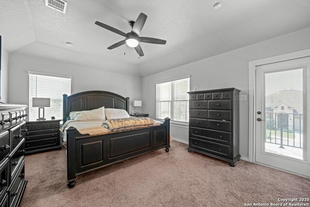 8502 Kallison Arbor, San Antonio, TX 78254 - carpeted bedroom featuring access to outside, a textured ceiling, a ceiling fan, and baseboards