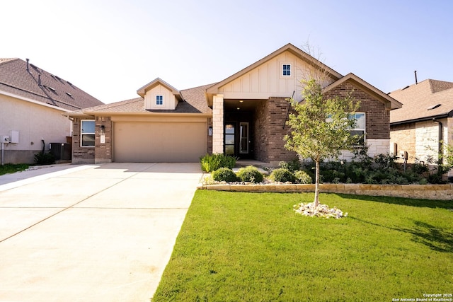 2230 Bennett Ave, New Braunfels, TX 78132 - view of front of house with brick siding, an attached garage, a front lawn, board and batten siding, and concrete driveway