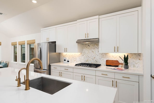 2230 Bennett Ave, New Braunfels, TX 78132 - kitchen featuring appliances with stainless steel finishes, under cabinet range hood, a sink, light countertops, and white cabinetry