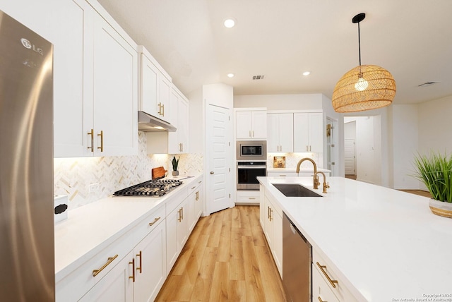2230 Bennett Ave, New Braunfels, TX 78132 - kitchen featuring appliances with stainless steel finishes, a sink, under cabinet range hood, tasteful backsplash, and light wood finished floors