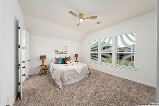 2230 Bennett Ave, New Braunfels, TX 78132 - bedroom with vaulted ceiling, carpet floors, baseboards, and ceiling fan