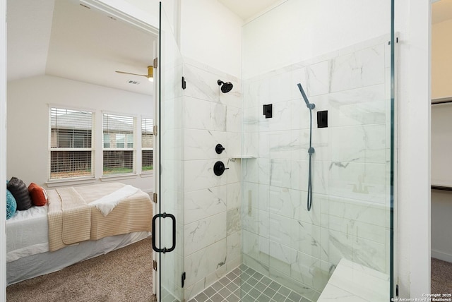 2230 Bennett Ave, New Braunfels, TX 78132 - ensuite bathroom featuring a stall shower, a ceiling fan, and lofted ceiling
