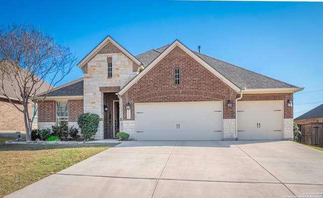 11323 Ivy Cadence, San Antonio, TX 78253 - view of front facade featuring stone siding, a garage, driveway, roof with shingles, and brick siding