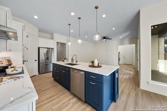 1310 S Mesquite, San Antonio, TX 78210 - kitchen with appliances with stainless steel finishes, blue cabinets, a sink, a ceiling fan, and white cabinets