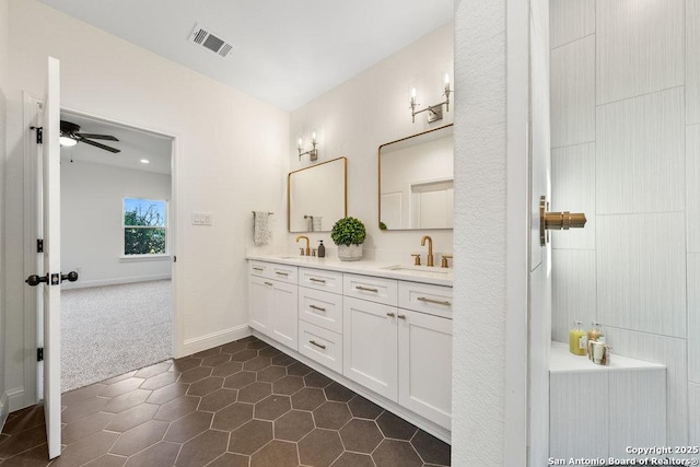 1310 S Mesquite, San Antonio, TX 78210 - bathroom featuring tile patterned flooring, ceiling fan, and double vanity