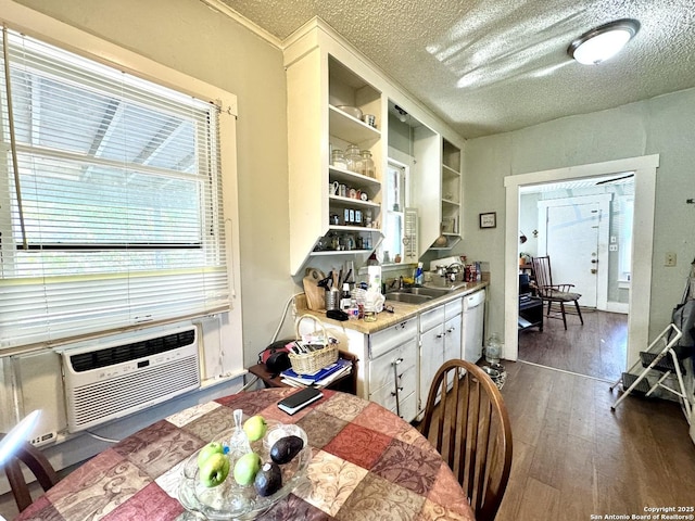 512 E Travis St, Luling, TX 78648 - kitchen with open shelves, dark wood finished floors, a sink, a textured ceiling, and light countertops