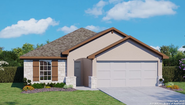 310 Steele Hbr, Cibolo, TX 78108 - view of front facade with a garage, stone siding, concrete driveway, and a front yard