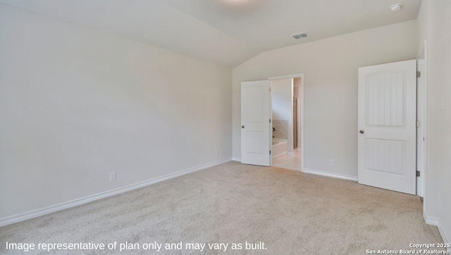 310 Steele Hbr, Cibolo, TX 78108 - unfurnished bedroom featuring carpet floors, vaulted ceiling, and ensuite bath