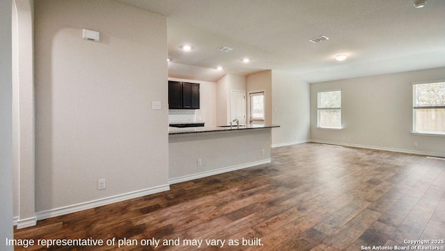 310 Steele Hbr, Cibolo, TX 78108 - kitchen with dark wood finished floors, open floor plan, recessed lighting, and lofted ceiling
