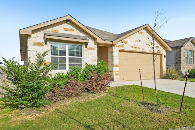 1733 Rocky Rise, San Antonio, TX 78245 - ranch-style home featuring a garage, stone siding, concrete driveway, and a front lawn