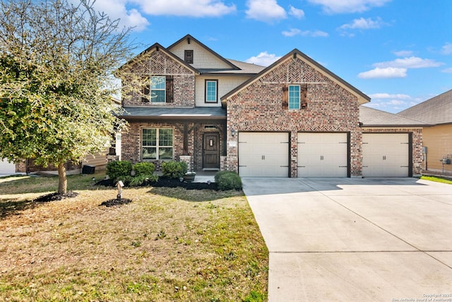 9870 Mulhouse, Schertz, TX 78154 - craftsman-style house featuring driveway, brick siding, a front lawn, a shingled roof, and a garage