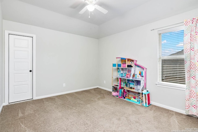 9870 Mulhouse, Schertz, TX 78154 - recreation room featuring carpet, baseboards, ceiling fan, and lofted ceiling