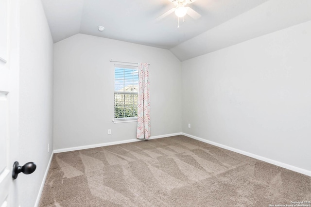 9870 Mulhouse, Schertz, TX 78154 - carpeted spare room featuring vaulted ceiling, a ceiling fan, and baseboards