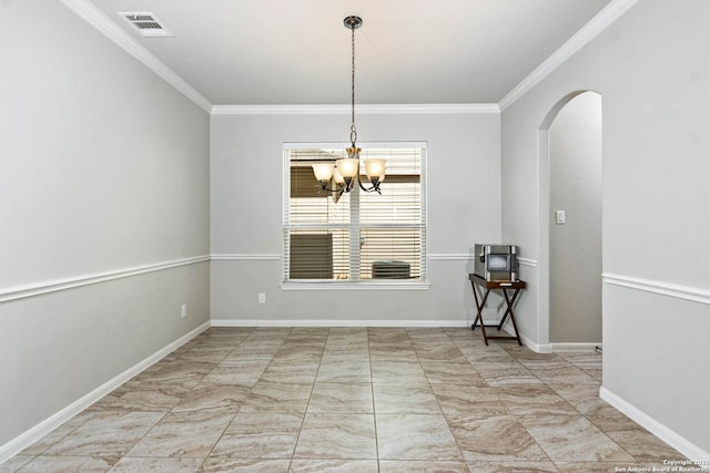 9870 Mulhouse, Schertz, TX 78154 - spare room with arched walkways, ornamental molding, a chandelier, and baseboards
