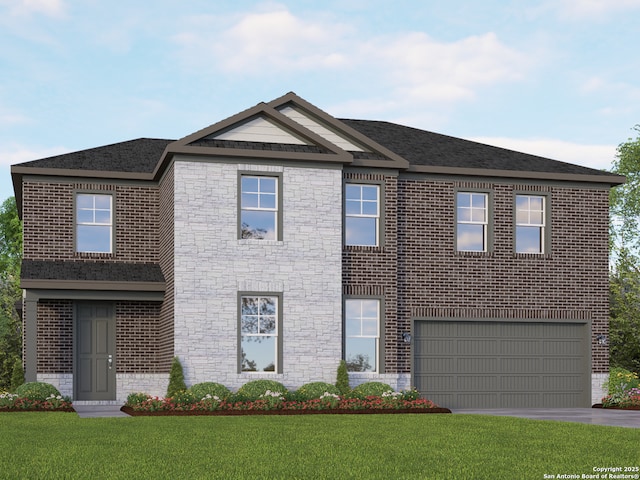 283 Jereth Xing, Castroville, TX 78009 - view of front of home featuring an attached garage, brick siding, a front yard, and concrete driveway