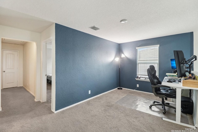 carpeted office space with baseboards, a textured wall, a textured ceiling, and attic access