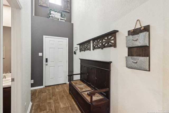 foyer entrance featuring wood finished floors and baseboards