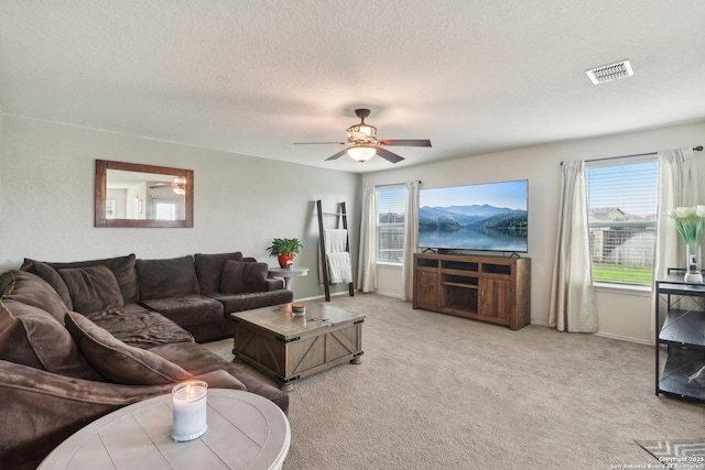 living area with a ceiling fan, carpet, healthy amount of natural light, and a textured ceiling