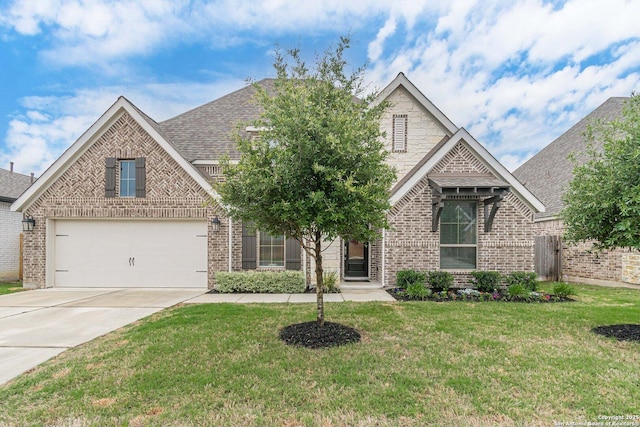 14206 Swift Breeze, San Antonio, TX 78254 - view of front of home featuring brick siding, concrete driveway, a front lawn, and a shingled roof