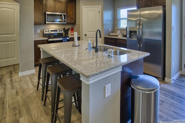 1139 Cedar Bnd, Canyon Lake, TX 78133 - kitchen featuring stainless steel appliances, a sink, tasteful backsplash, and light wood-style flooring