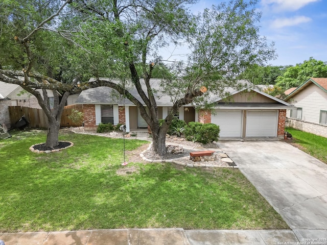 ranch-style house featuring brick siding, concrete driveway, and a garage