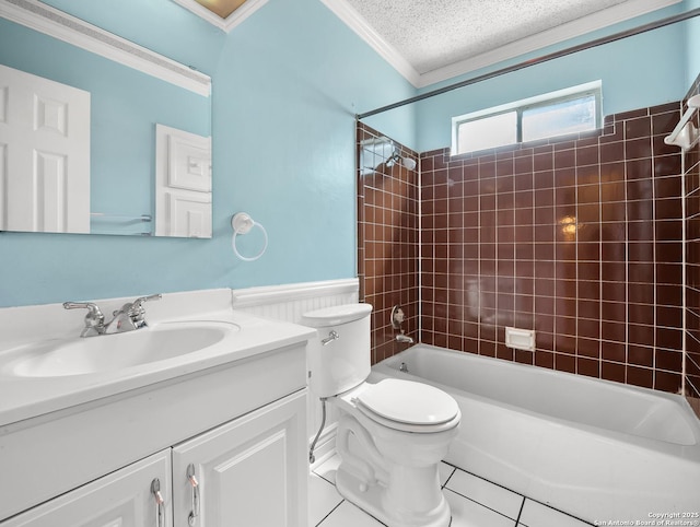 full bath with ornamental molding, wainscoting, toilet, shower / tub combination, and vanity