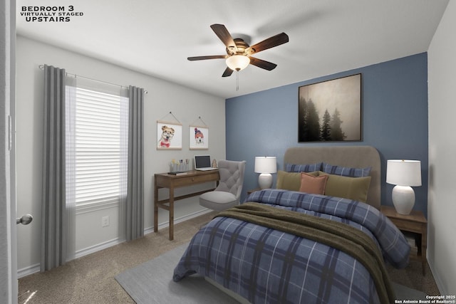 carpeted bedroom with baseboards and a ceiling fan