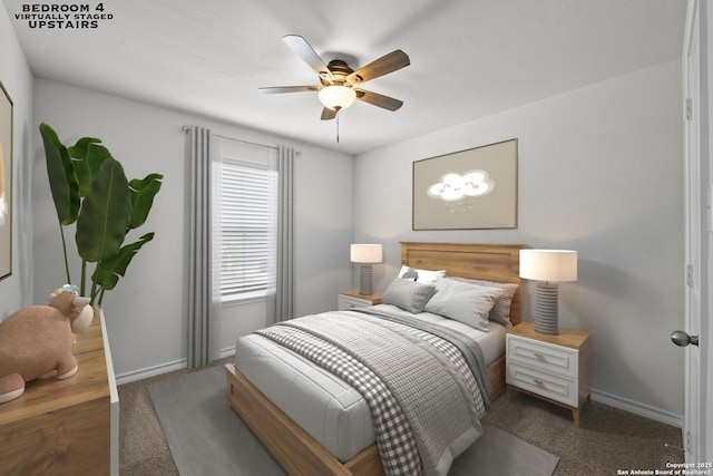 bedroom featuring baseboards, carpet, and ceiling fan
