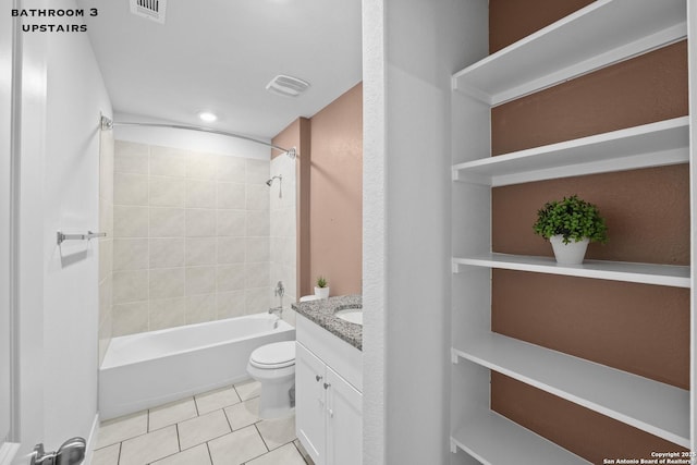bathroom featuring tile patterned flooring, toilet, shower / washtub combination, vanity, and recessed lighting