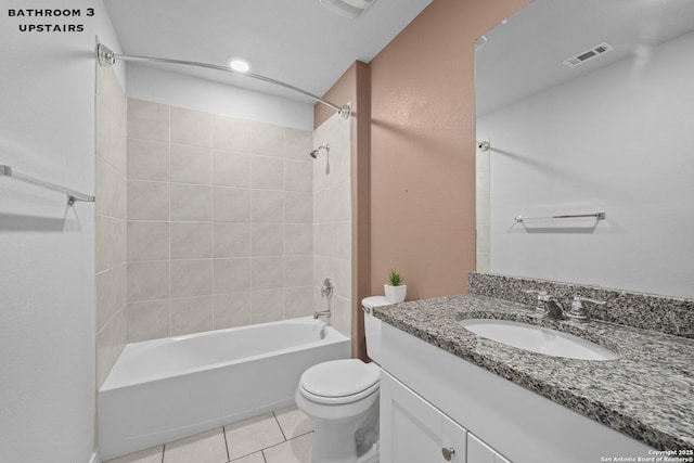 bathroom featuring toilet, shower / tub combination, tile patterned floors, and vanity