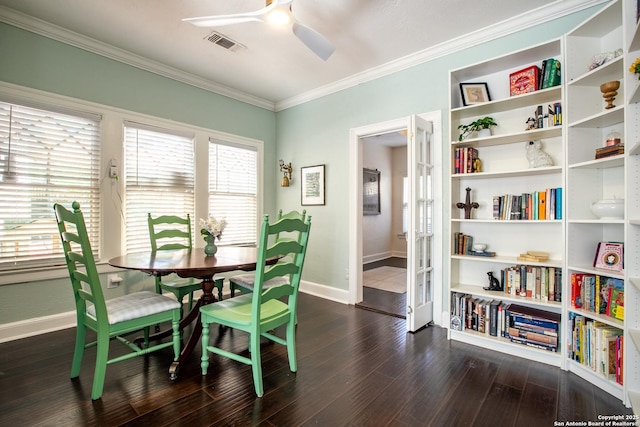 243 N, San Antonio, TX 78201 - dining space with ornamental molding, baseboards, a ceiling fan, dark wood finished floors, and french doors