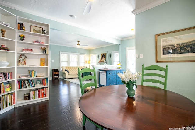 243 N, San Antonio, TX 78201 - dining room with a ceiling fan, ornamental molding, and dark wood-type flooring