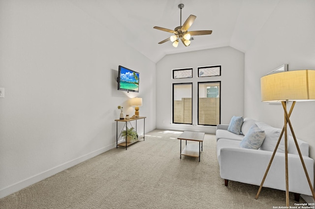 435 Bridle Trl, New Braunfels, TX 78132 - living area featuring ceiling fan, carpet, vaulted ceiling, and baseboards