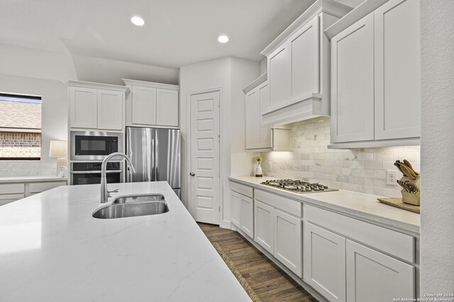 435 Bridle Trl, New Braunfels, TX 78132 - kitchen with stainless steel appliances, a sink, backsplash, white cabinets, and recessed lighting